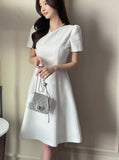 Ipu Heart Neck Puff Tweed Flare One Piece