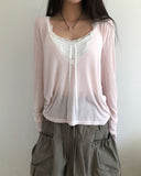 Tenver V-Neck Lace Long Sleeve T-Shirt