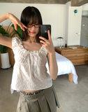 Shua lace punching ribbon puff blouse