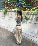 Two-fit Stripe Unbalanced Strap Long Sleeve T-Shirt
