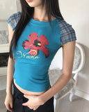Harpin Flower Print Blue Short Sleeve T-Shirt