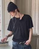 Nebi Shoulder Snap Henley Neck Short Sleeve T-shirt
