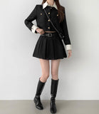 Tweed Two-Piece Crop Jacket Belt Mini Skirt Pants Set