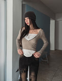 Ash Ribbed Deep Button Layered Long Sleeves