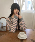 Hira Round Henley Neck Button Stripe Knit