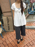 Nahills Shirring Short Sleeve Layered Ribbon Ribbed Tee