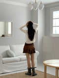 Twill Ribbon Strap Off-Shoulder Slit Cropped Long Sleeve T-Shirt