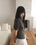 Use Stripe Puff Collar Short Sleeve Blouse