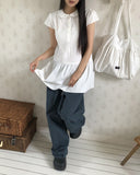 Kaea check color matching frill banding wide pants