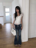 Neron Shirring Frill Ribbon Puff See-through Short Sleeve Blouse