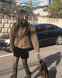 Merve Fluffy Fur Button High Neck Short Jacket