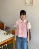 [BAONHAUS] Peurua Check Color Matching Short Sleeve Blouse