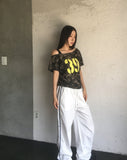 Ray Camo Number Print Off Shoulder Shirring Short Sleeve T-Shirt