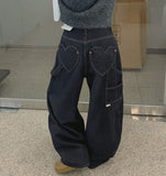 Heart Back Pocket Raw Non-fade Carpenter Balloon Wide Denim Pants