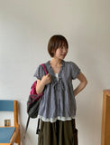 Qubin Layered Check Frill Short Sleeve Blouse