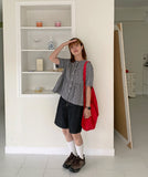 Mingo Check Shirring Short Sleeve Blouse