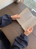 Cordent Check Round Collar Frill Long Sleeve Blouse