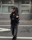 Robe black denim washing wide pants