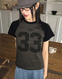 Sec Raglan 33 Color Matching Printed Semi-Crop Short Sleeve T-Shirt