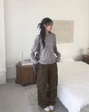 Miken shoulder slit button wool long sleeve T-shirt