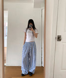 Khark Checkered Pintuck Banding Long Wide Pants