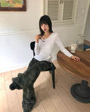 Evin Ribbon Unbalanced Layered One-Off Shoulder Long Sleeve T-Shirt