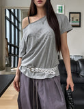 Shell stud cut off shoulder short sleeve