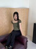 Tabl Green Corset Two-Way Off-Shoulder Short-Sleeve Blouse