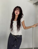 Dot Ribbon Shirring Puff Off-Shoulder Short Sleeve