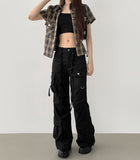 Waist Strap Low Waist Pocket Shirring Pin Tuck Wide Bootcut Pants