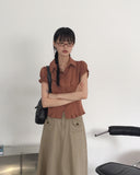 Seren Vintage Pintuck Slit Puff Sleeve Short-Sleeved Shirt
