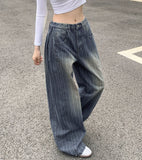 Stripe Folding Hem Snap Wide Denim Pants