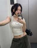 Blurry dot see-through hole short sleeve scarf set