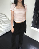 Loran mesh see-through shirring square neck short-sleeved T-shirt