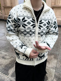 Snow Falling Design High-Neck Knit Zip-Up