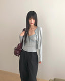 Sera Shirring Lace Ribbon Crop Long Sleeve Sleeveless Cardigan Set