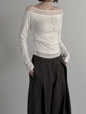 Ribbed Color Matching Layered Pintuck Boat Neck Tee