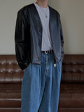 Collarless Crop Leather Jacket