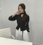 Waist Strap Neck Tie Balloon Puff Blouse