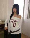 Dua Number Star Printed Unbalanced Off-Shoulder Long-Sleeve T-Shirt