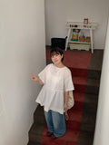 Dikaen Back Ribbon Short Sleeve Long Blouse