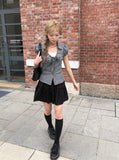 Ession Ribbon Puff V-Neck Check Shirt