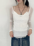 Petitron see-through ribbon strap long sleeve blouse