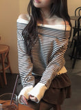 Boudin Stripe Loose Fit Off-Shoulder Button Knit