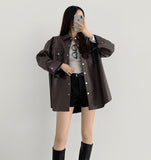 Tantan Chic Pocket Button Loose Fit Leather Jacket