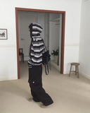 Blon Stripe Color Matching Slim Fit Hood Knit