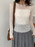 Zaina Tencel U-Neck See-through Flower Layered Long Sleeve Tee