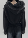 Sharkin fur ribbed hooded zip-up