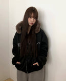 [Brushed Lining] Rahin printing over fur hood zip-up