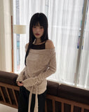 Bimu rib strap sleeveless layered off-shoulder long sleeve T-shirt